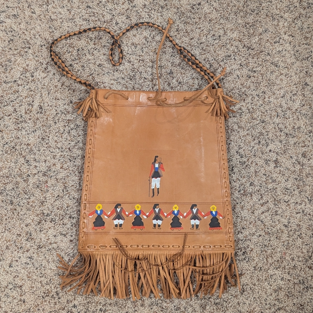 Brown Leather Native American Hand Painted Tassel Shoulder Bag